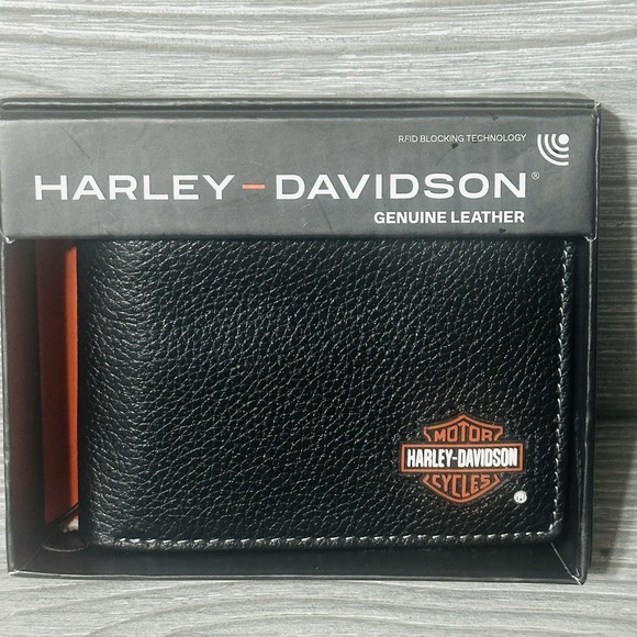 HARLEY-DAVIDSON Wallet Bi-Fold Pebble Leather Front Pocket Bar Shield Logo Mens - Picture 1 of 8